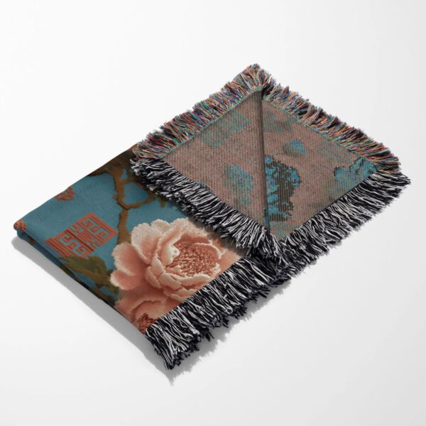 Oriental Bloom Pixel Woven Throw Blanket – Retro-Futurist Chinese Peony Tapestry in Neo-Chinoiserie Aesthetic