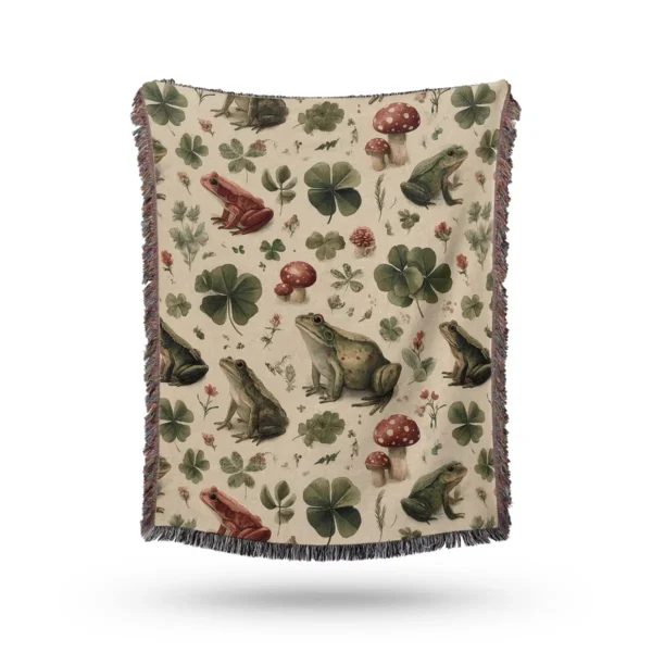Frogs and Mushrooms Cottagecore Woven Blanket - Cotton Throw and Tapestry