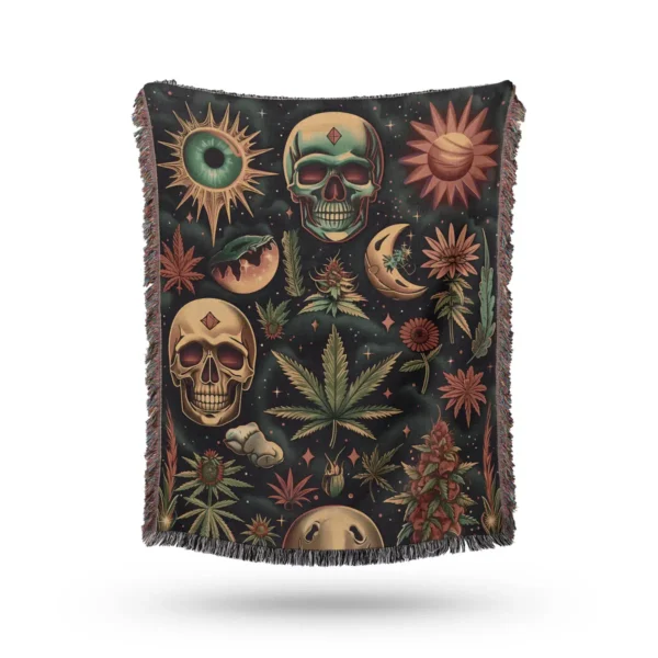 Psychedelic Skull Cannabis Blanket - Cotton Woven Throw or Trippy