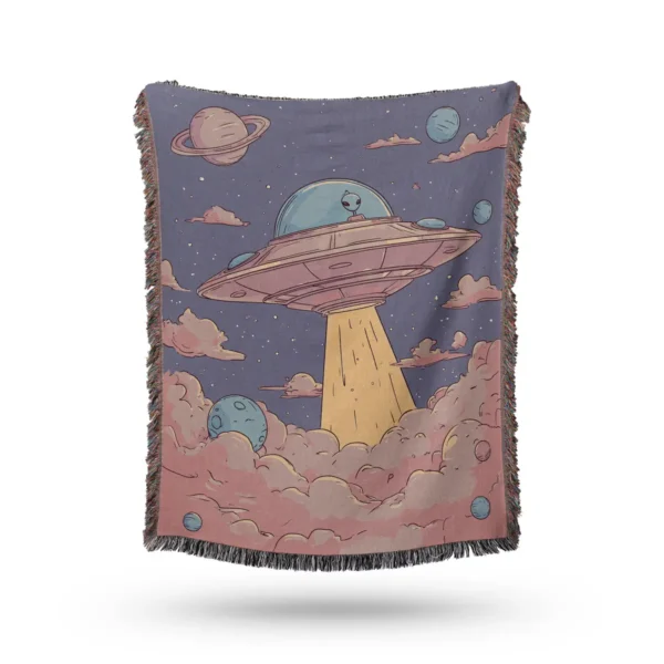 Funny Cartoon UFO Woven Blanket - Cotton Throw and Tapestry