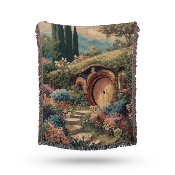 Storybook Enchanted Woodland Cottage Woven Blanket - Cotton Throw and Tapestry