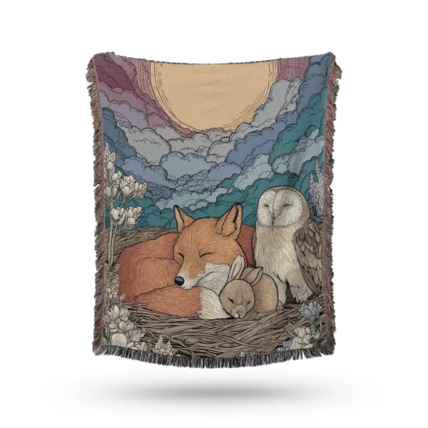 Cozy Fox, Rabbit & Owl Woven Blanket - Boho Cotton Throw and Tapestry