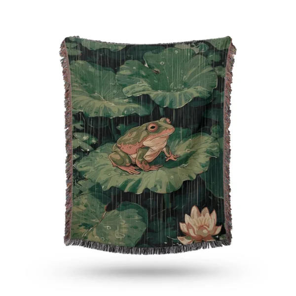 Frog and Lotus Woven Blanket - Cotton Throw and Tapestry