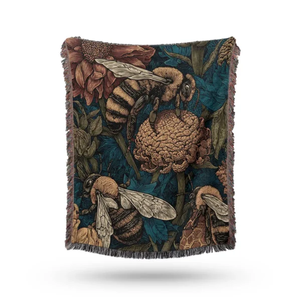 Honeybees Pollinating Flowers Woven Blanket - Cotton Throw and Tapestry