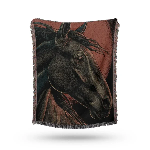 Black Horse Cotton Woven Blanket, Equestrian Western Throw or Tapestry