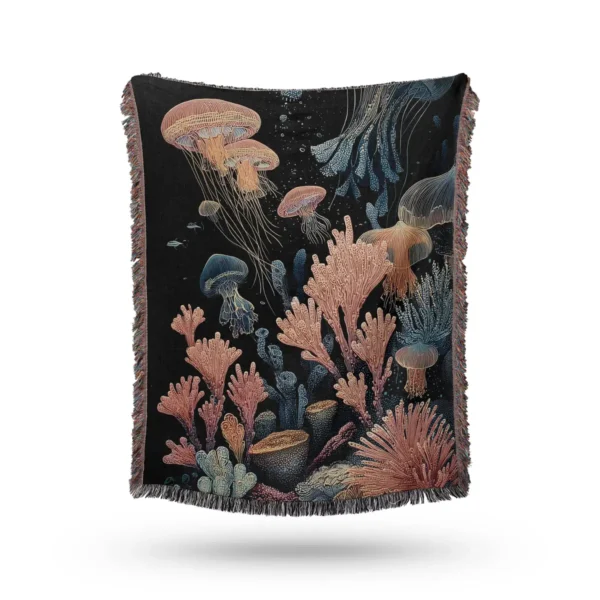 Jellyfish and Coral Reef Woven Blanket - Cotton Throw and Tapestry