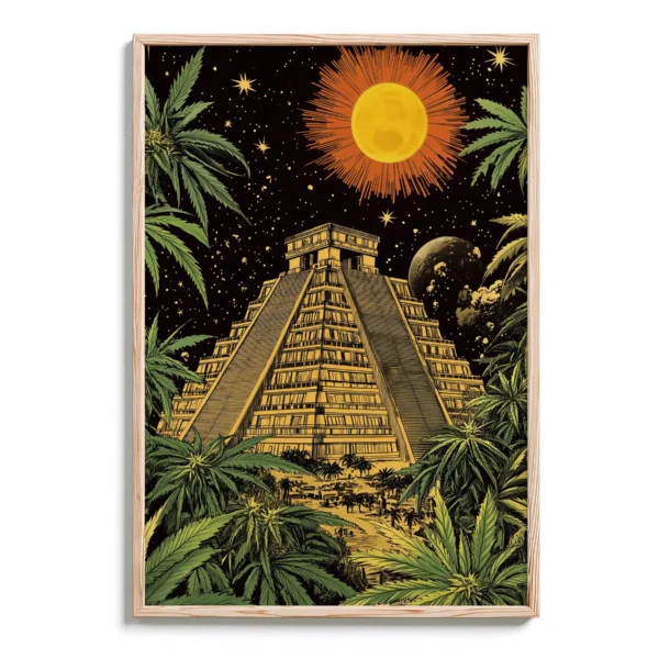 Trippy Mayan Pyramid and Hemp Jungle Under the Night Sun - DopeTraveler Poster