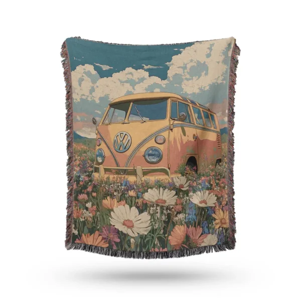 Classic Retro Van at Flower Field Woven Blanket - Cotton Throw and Tapestry