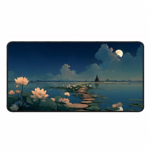 Moonlit Lotus Pond and Pagoda Under the Full Moon – DopeTraveler Deskmat