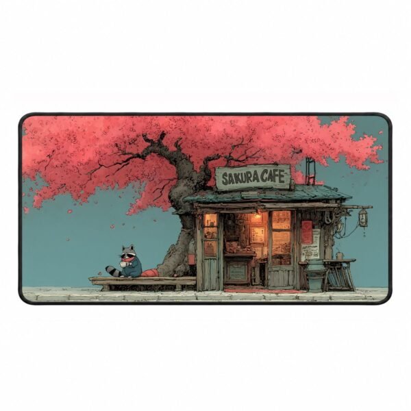 Lo-Fi Raccoon Sipping Coffee at Sakura Café – DopeTraveler Deskmat