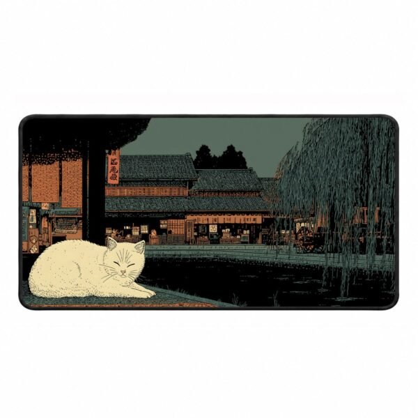 Sleeping White Cat in Kyoto Night Market – DopeTraveler Desk Mat