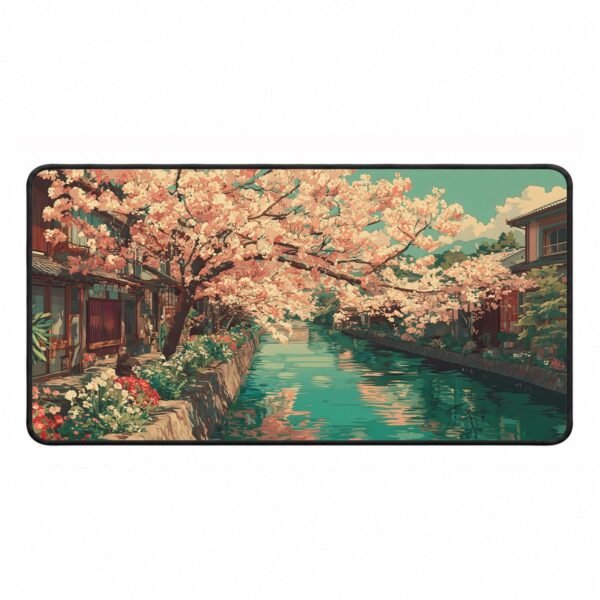 Spring in Kyoto, Sakura Over Still Water – DopeTraveler Desk Mat